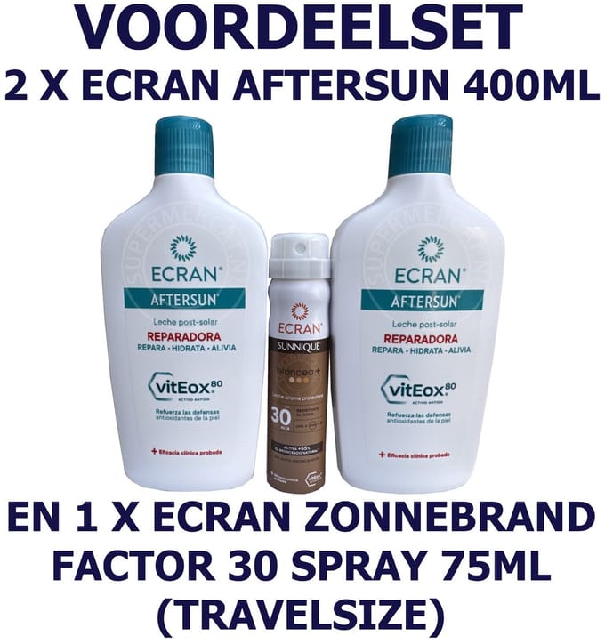 VOORDEELSET met 2 x Ecran Aftersun 400ml & 1 Ecran Zonnebrand Factor 30 Spray 75ml (travelsize)