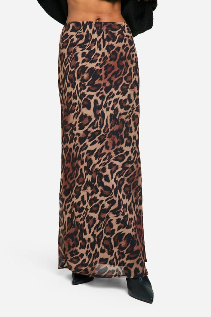 boohoo Dames Leopard Chiffon Maxi Rok | Brown | Maat: 6