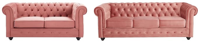 Vente-unique Drie- en tweezitsbank van pastelroze velours CHESTERFIELD