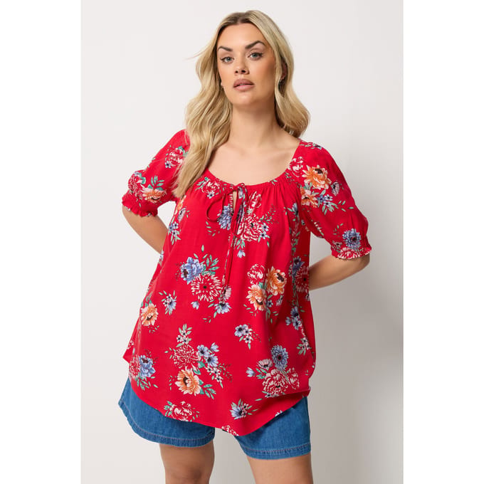 Yours Rode Blouse Met Bloemenprint En Strik Aan De Hals Size 42