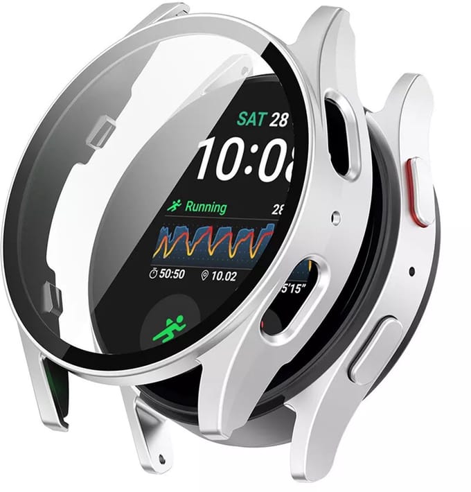 Strap-it Hard case hoesje met screen protector van glas - geschikt voor de Samsung Galaxy Watch 7 - 44mm (zilver)