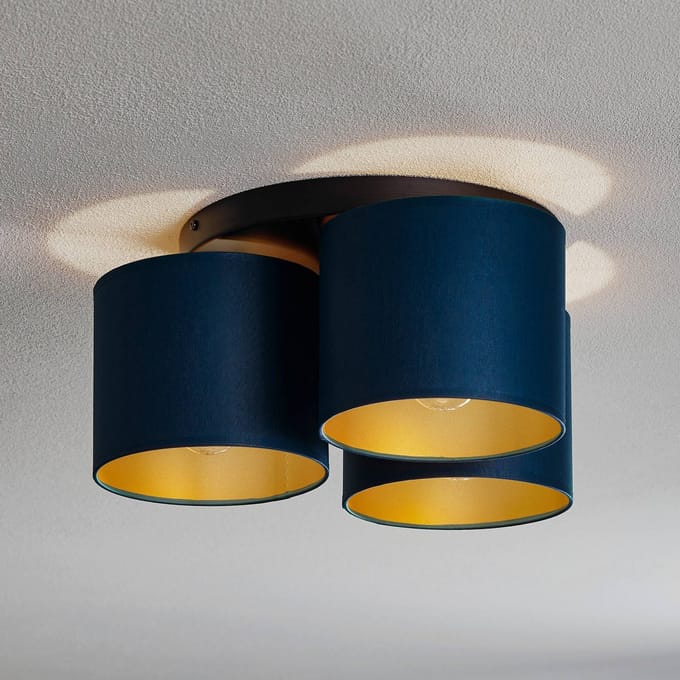ARDEN Plafondlamp Blauw Goud Stoffen Kap 3xE27 Moderne Stijl
