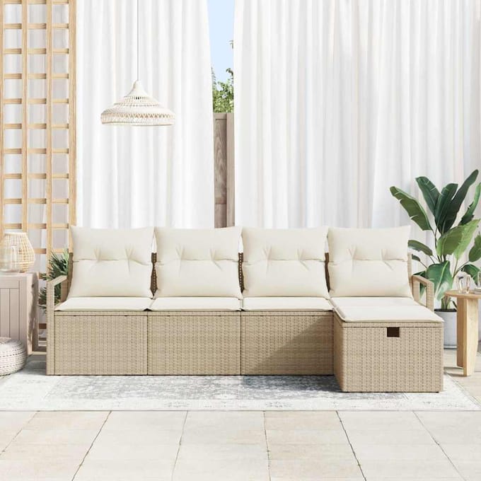 vidaXL - Bankstel - 5 - st - 5-zits - Beige - en - Crème - poly - rattan