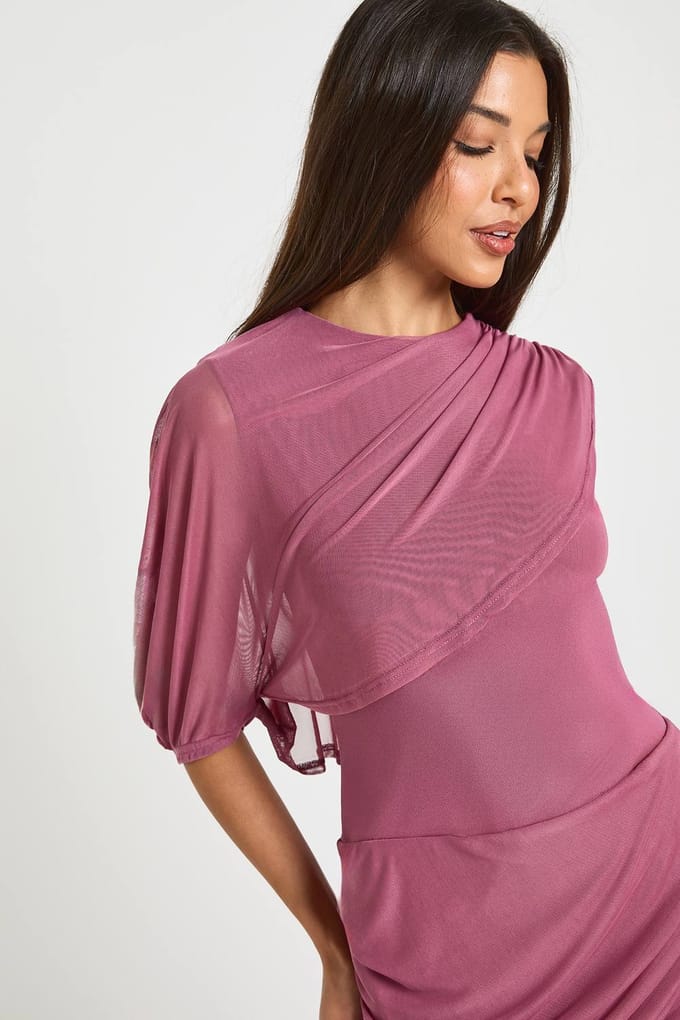 boohoo Dames Mini Jurk met Mesh Draperie Detail | Mauve | Maat: 36