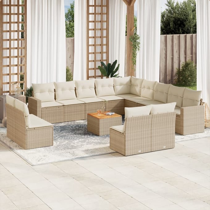 vidaXL - 14-delige - Loungeset - met - kussens - poly - rattan - beige