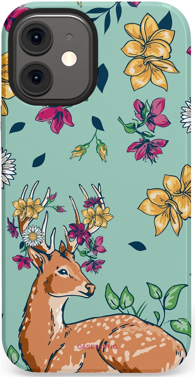 Casetastic hoesje geschikt voor Apple iPhone 12 Mini - Dubbellaagse bescherming - Bloemenbronst - Fashion Case - Mintgroen Beige Zilver Perzik