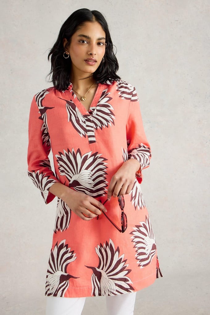 White Stuff Blake Linen Tunic Pink Print Größe: 8 REGULAR | Longsleeves Outlet | Damen | Weiß