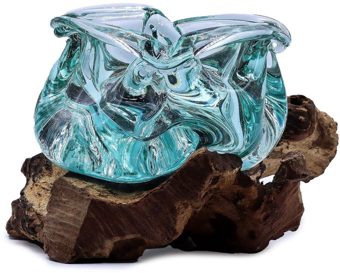 Gesmolten Glas Zware Asbak / Kaarshouder op Hout