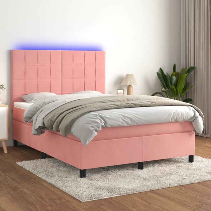 vidaXL - Boxspring - met - matras - en - LED - fluweel - roze - 140x200 - cm