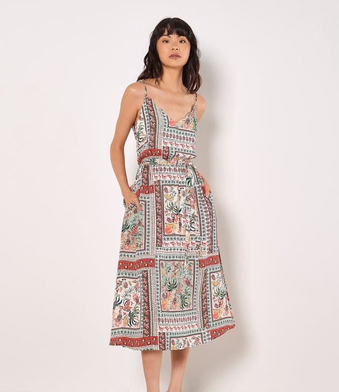 Midi-jurk met tropische print en spaghettibandjes