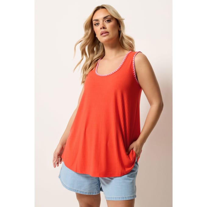 Yours Oranje Mouwloze Top Met Contrasterende Stiksels Size 48