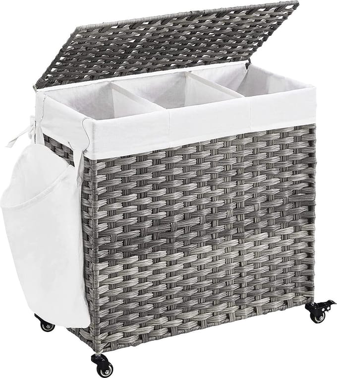 Wasmand - Met 3 vakken - Was organizer - Met wielen - 140 L - Grijs
