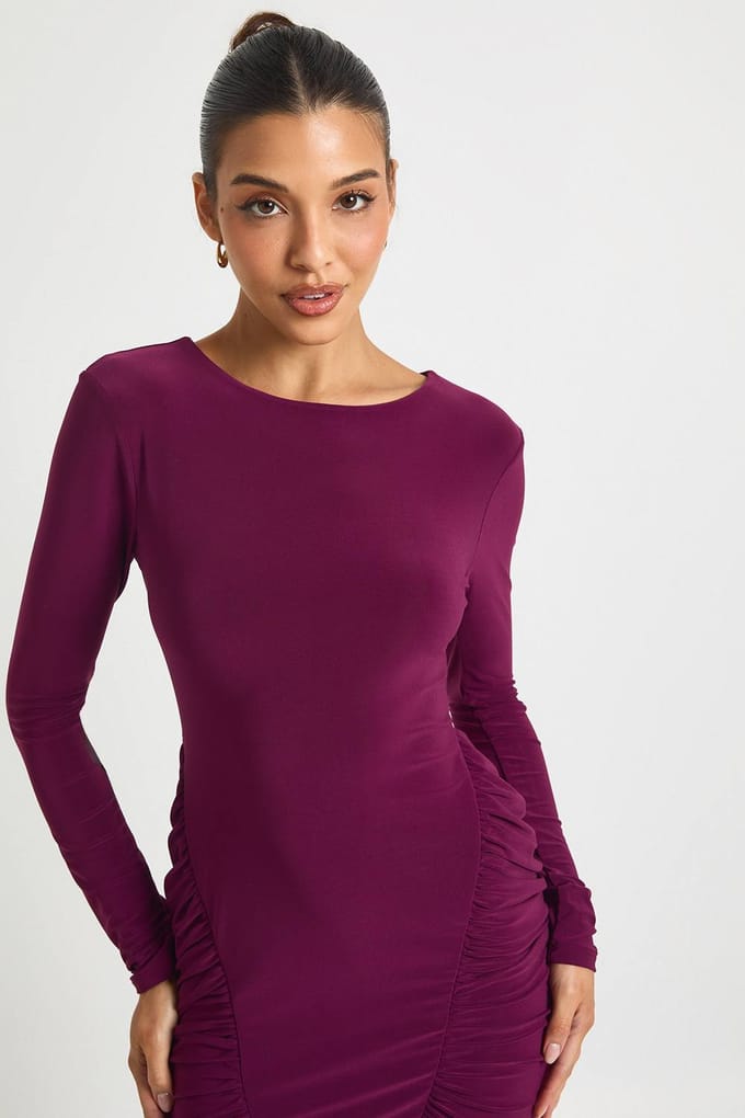 boohoo Dames Mini-jurk met lange mouwen en gerafelde panelen | Plum | Maat: 8