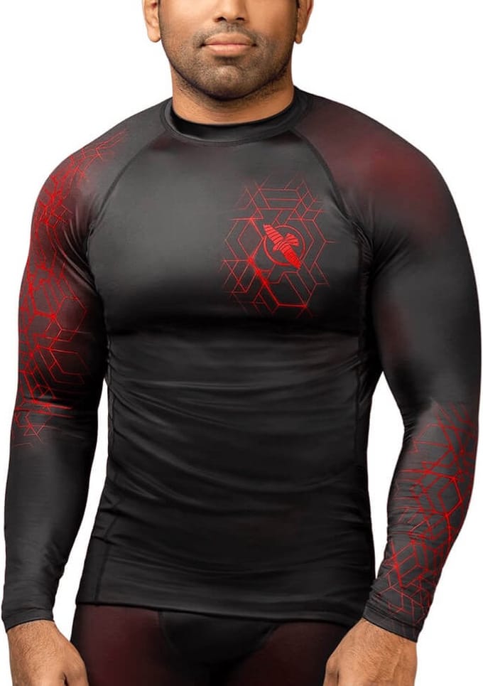 Hayabusa Geo Long Sleeve Rashguard - Zwart, Rood - maat S