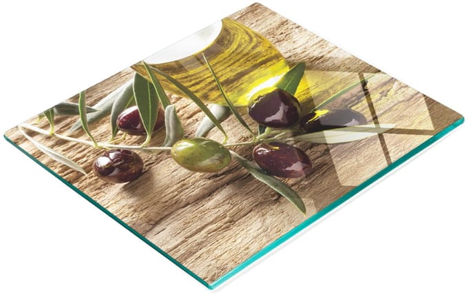 Decoratieve glazen snijplank met afbeeldingen, olijfhout, 60x52 cm