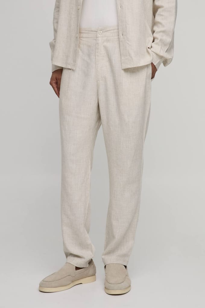 Slim Fit Half & Half Waist Linen Blend Trouser | Natural | Size Large