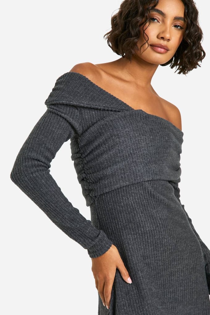 boohoo Dames Tall Brushed Rib Asymmetrische Mini Jurk | Houtskool | Maat: 34