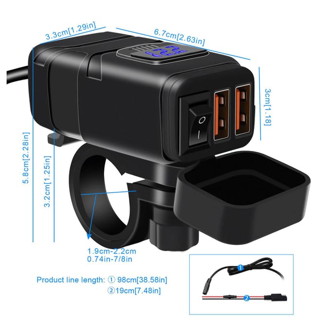 Motor USB-oplader Supersnelle oplader QC3.0 Dubbele USB-poort met voltmeter AAN/UIT-schakelaar rood