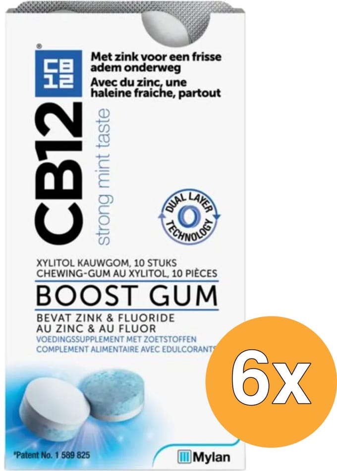 6x Cb12 Mondverzorging boost kauwgom strong mint (10 stuks)