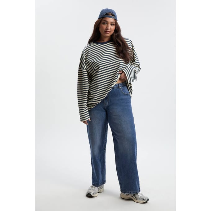 boohoo Dames Plus Basic Boyfriend Jeans | Acid Wash Dark Blue | Maat: 28/30L