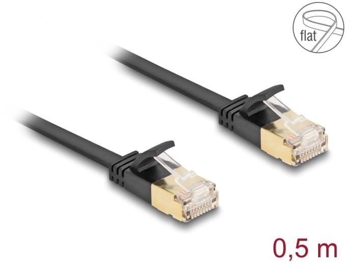 Delock RJ45 Network Cable Cat.6A plug to plug with robust latch and Cat.7 raw flat cable U/FTP 0.5 m black