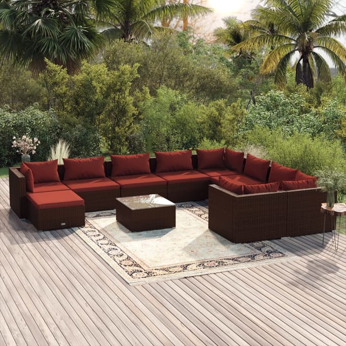 vidaXL - 11-delige - Loungeset - met - kussens - poly - rattan - bruin