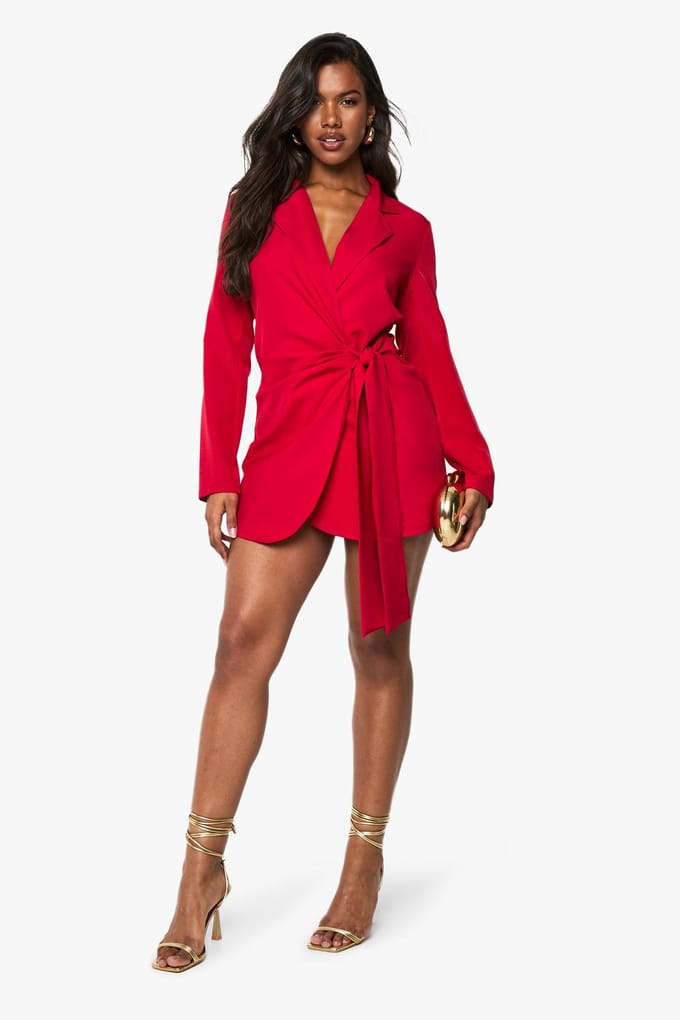 boohoo Dames Linnenlook Wrap Drape Front Op Maat Gemaakte Blazerjurk | Red | Maat: 8