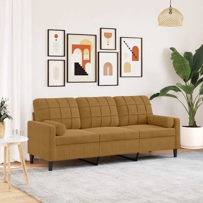 vidaXL - Driezitsbank - met - sierkussens - 180 - cm - fluweel - bruin