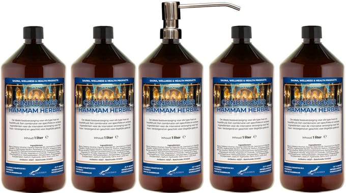 Hairconditioner Hammam Herbal 1 liter met luxe RVS zilverkleurige pomp - set van 5 stuks