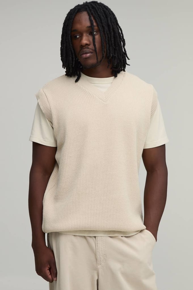 Lang Relaxed Geribbeld Gebreid Vest Met V-hals | Ecru | Size XL