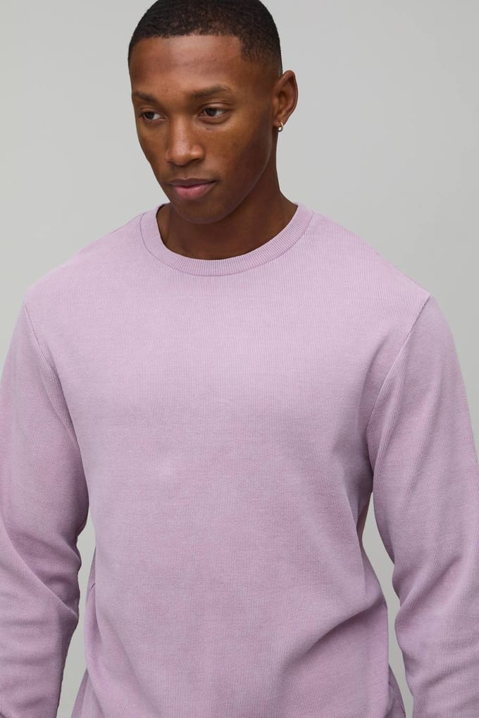 Geribbeld Slim Fit Acid Wash T-Shirt met Lange Mouwen | Pink | Size Medium