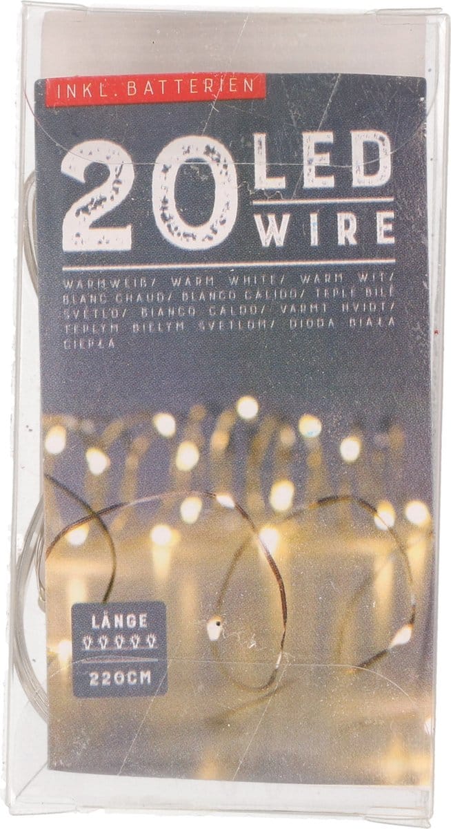 Draadverlichting - zilver- 20 LED - warm wit - 220 cm - kleine batterij houder - 2 stuks