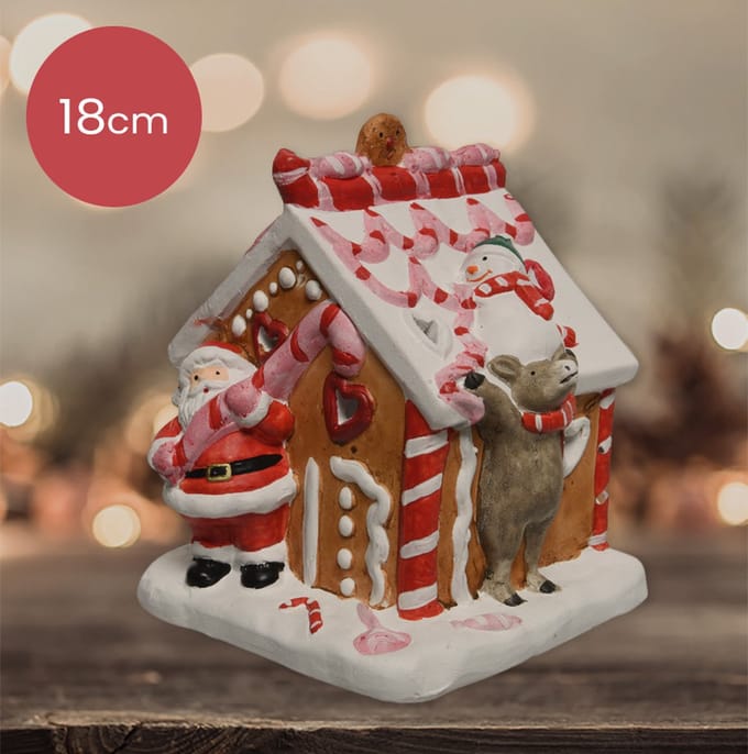 Terracotta kersthuisje met snoep en kerstman - 18 cm