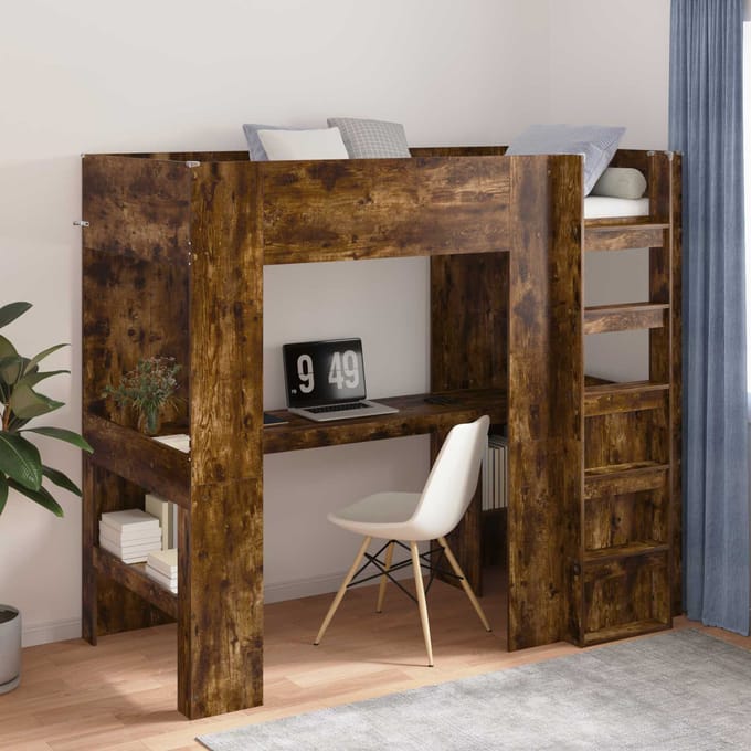 vidaXL - Stapelbedframe - met - Bureau - Gerookt - eiken - 90 - x - 190 - cm