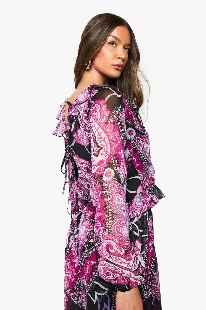 boohoo Dames Paisley Chiffon Ruffle Blouse | Violet | Maat: 34