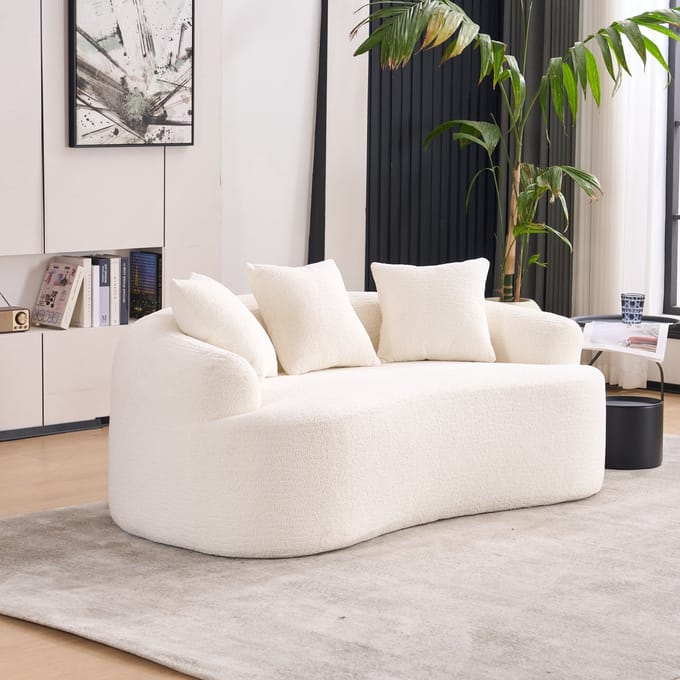 HAUSS SPOLE Sofa - Gebogen 3-Zits Bank - Compact Design Met Drie Kussens - Voor Hoek, Studio En Kleine Woonruimte - Chenille Wit
