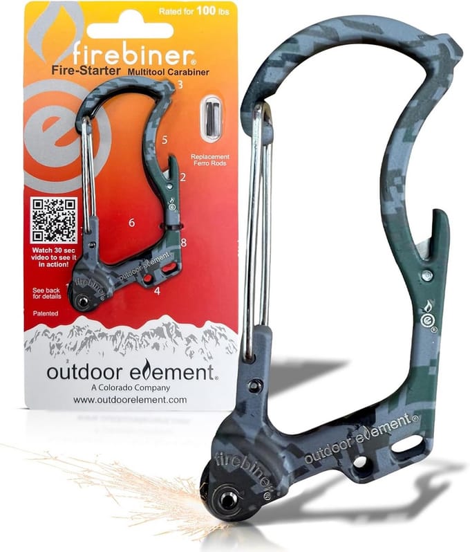 Beige Camo Vuurstarter Multitool en Survival Karabijnhaak