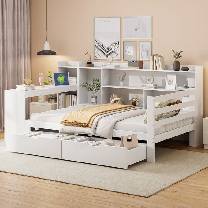 MODFU Bedframe 90x200 cm van hout – wit – multifunctioneel met bureau, opbergruimte en stopcontact – voor de kinderkamer