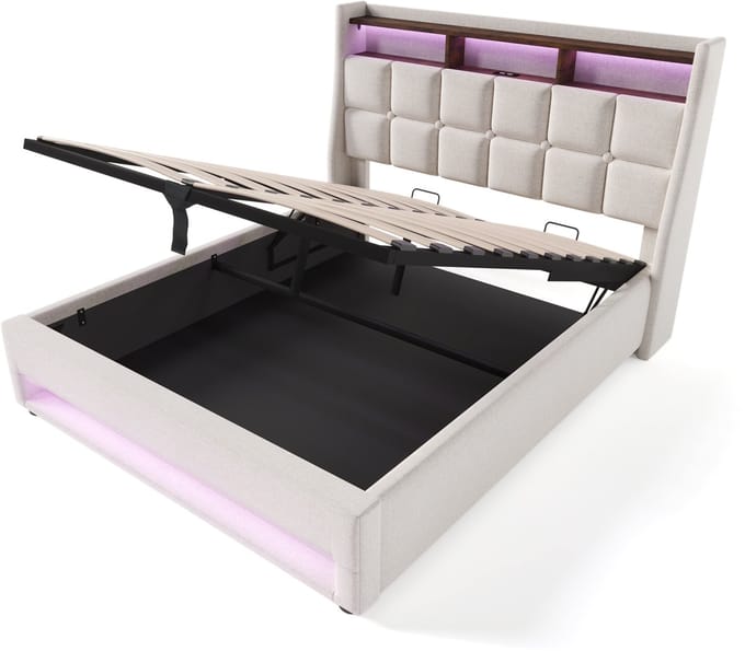 Polsterbett mit USB und LED 140x200 cm - Vintage Design Stoffbett mit Lattenrost