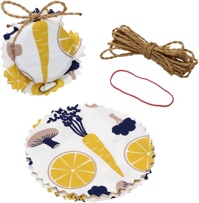 Liner pot stoffen doily 10 stuks groenten geel + elastiek + 4m jute koord