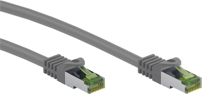 Goobay RJ45 netwerkkabel met CAT 8.1 S/FTP ruwe kabel, AWG 26, grijs, koperen geleider, LSZH halogeenvrije kabelmantel, RJ45-connector (CAT 6A)