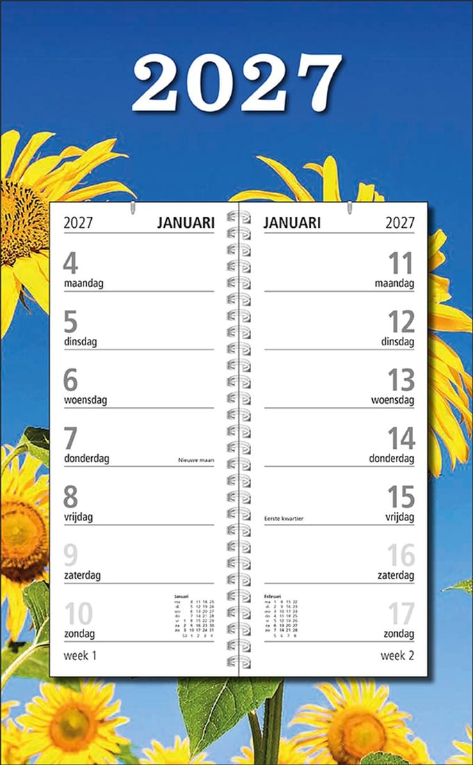 MGPcards - Omlegweekkalender 2027 - Week begint op maandag - 21 x 34 cm - Zonnebloem - Blauw