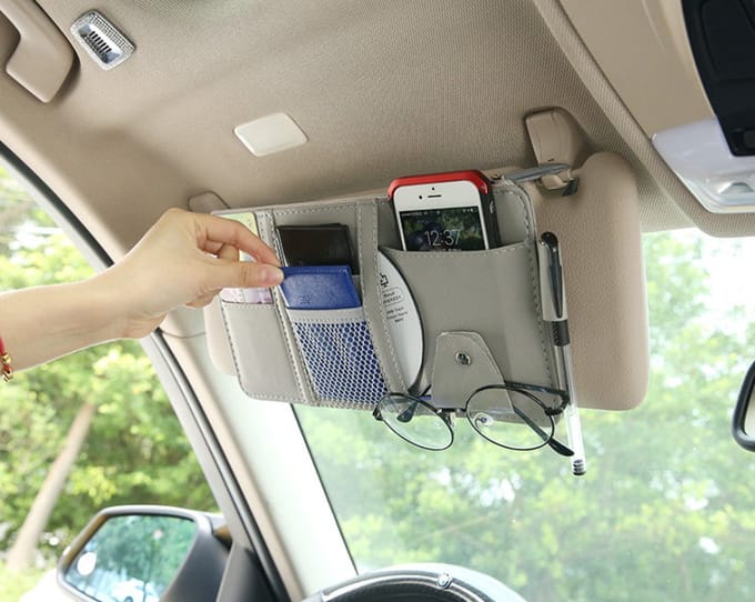 Repus - Auto Zonneklep Lederen Organizer - Kaarthouder - Bril - Documenten - Met ritssluiting - Organizer - Vrouwen - Cadeau - Grijs