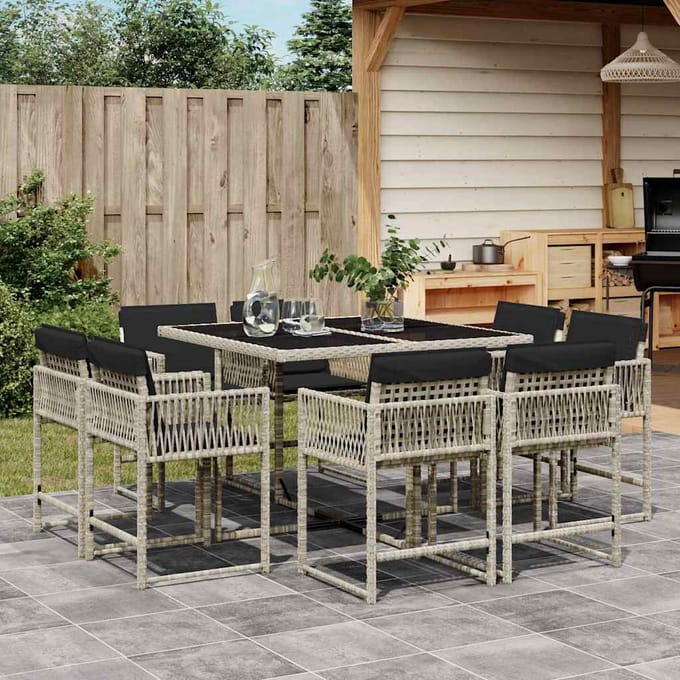 vidaXL - 9-delige - Tuinset - met - kussens - poly - rattan - lichtgrijs