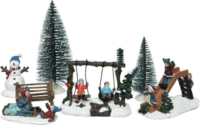 Decoris Kerstdorp accessoires - 7delig - figuurtjes/poppetjes en kerstboompje - polyresin - beeldjes