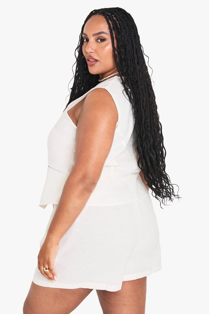 boohoo Dames Plus Linnen-look Vest en Shorts Set | Camel | Maat: 52