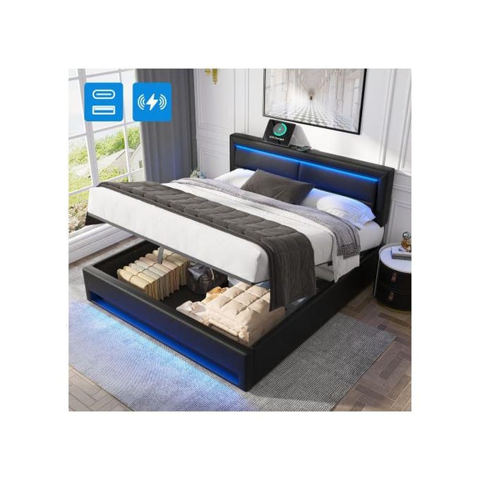 Lit rembourré - MUVOE - 140 x 200 cm - USB - Éclairage LED - Rangement sous le lit noir