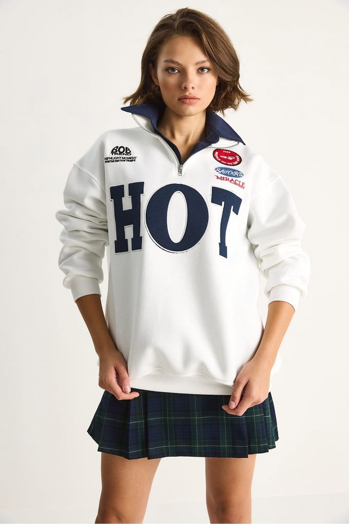 Ontspannen Pas V-Hals Gedrukt Sweater met Striksluiting