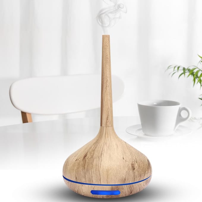 Humidificateur Diffuseur d'Aromathérapie 7 Couleurs LED Veilleuse Grain de Bois Humidificateur d'Air beige