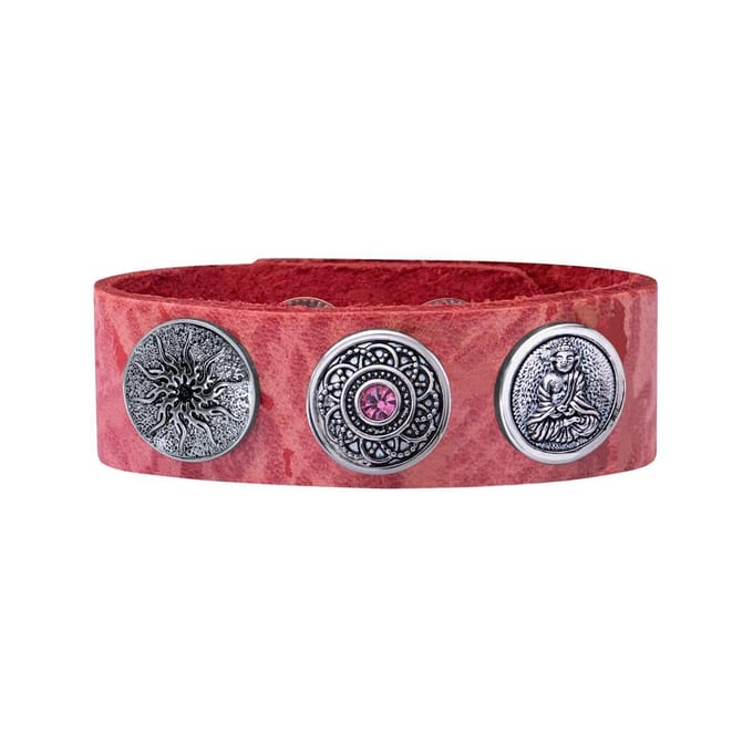 Quiges Dames Leren Armband Roze met 3 Drukknopen Set 19.5 - 21.5cm - EBCMS319